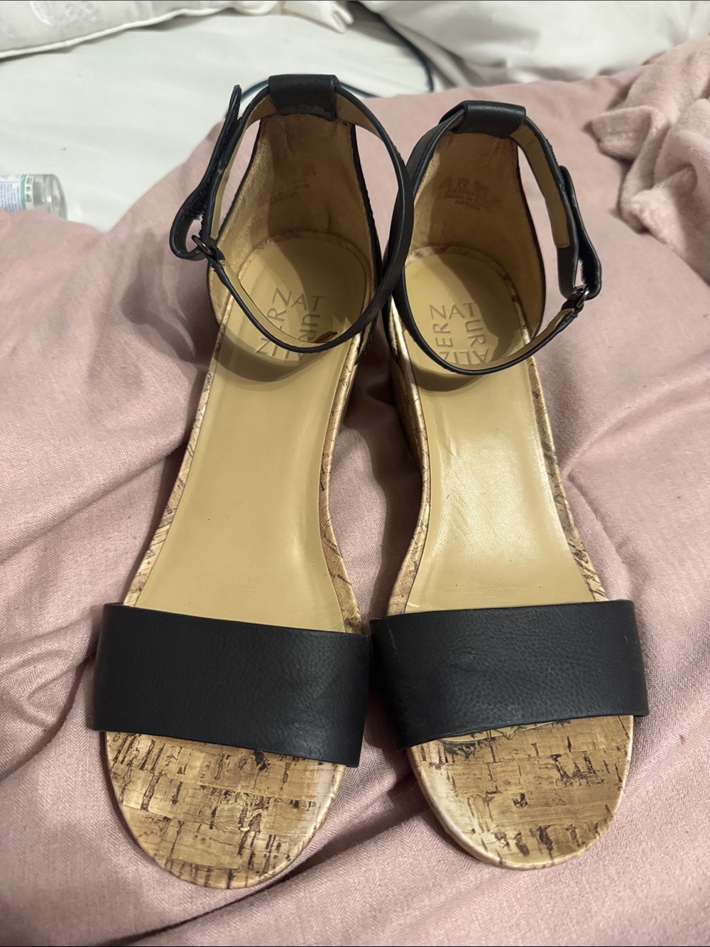 Naturalizer Black Leather Ankle-Strap Cork-Effect Sandals